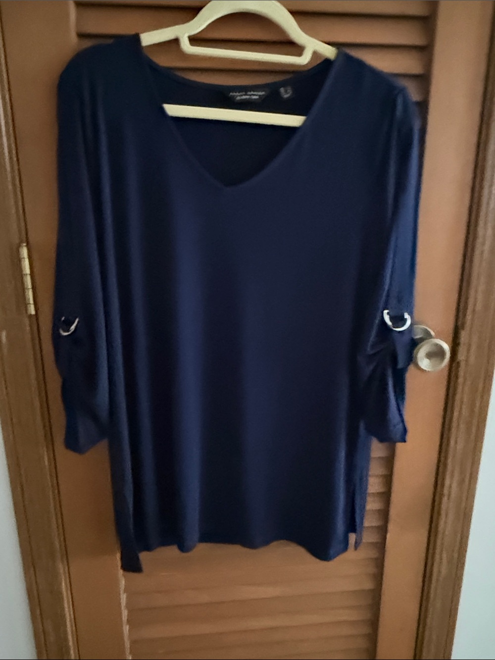 Susan Graver Navy V-Neck Roll-Tab Sleeve Tunic
